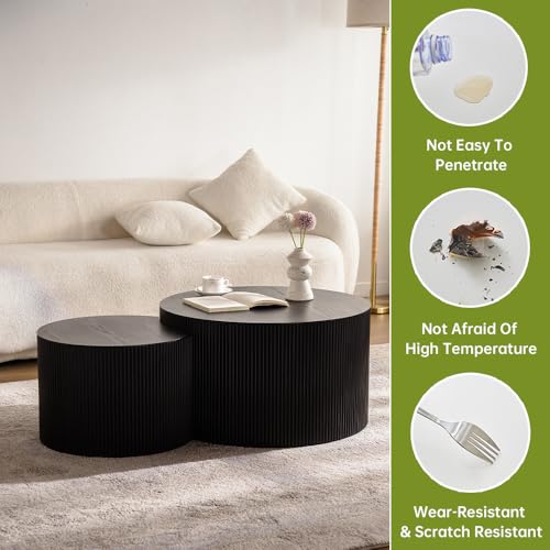 26 inch Round Black Fluted Nesting Coffee Table Set of 2, A Large | Spray Painting Finish, For Living Room, Nested Crescent Side Table, Nestable Design, Mid-Century Modern, For Small Spaces - color: A Large