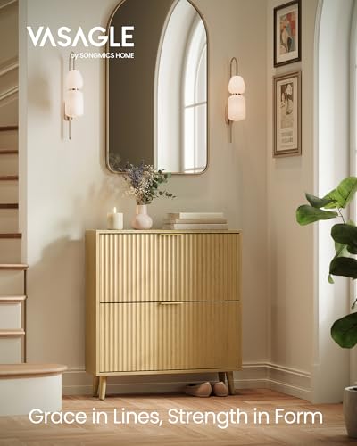 VASAGLE MAXE Collection - Shoe Storage Cabinet with 2 Flip Drawers, Freestanding Narrow Shoe Rack Organizer for Entryway, Fluted Doors, Fits 12-16 Pairs, Mid Century Modern, Oak Beige UHSC202YC03S | Freestanding Shoe Rack Organizer, Fluted Doors, Mid Cent