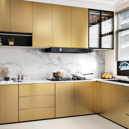 Stainless Steel Gold Contact Paper Removable Metallic Gold Wallpaper Peel and Stick Brushed Golden Contact Paper Stainless Steel Vinyl Fridge Wrap for Appliances Cabinets Countertops 17.7"x80" - color: Gold, size: 17.7" x 80"