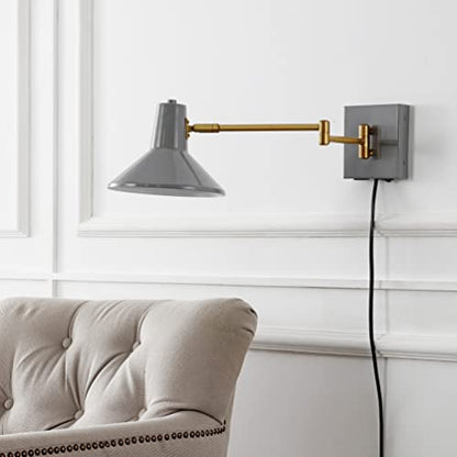JONATHAN Y Hygge 1-Light Modern Swing Arm USB Sconce 8", Grey/Brass Gold | Metal Construction, Plug-In Midcentury Bedside Wall Lamp, Cone Shade, Adjustable Head, LED Bulb Included - color: Grey/Brass Gold