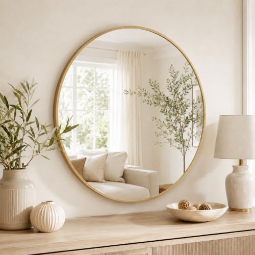 GarveeHome 32 Inch Round Bathroom Mirror, Gold Aluminum Frame Mirror | Rust Resistant Aluminum Frame / Modern Round Mirror Design / Easy Wall Mount Installation - color: Gold, size: 32"L x 32"W