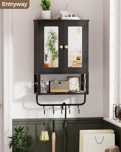 BEWISHOME Bathroom Medicine Cabinet Mirror with Towel Bar, Black | Wall Mounted Cabinet with Adjustable Shelf Hooks, Space-Saving Over-Toilet for Bathroom, Living Room, 7.1x15.4x24.4 Inches - color: Black