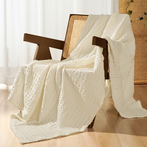 PHF 100% Cotton Waffle Weave Throw Blanket, Lightweight Breathable Summer Blanket for Couch Sofa, Pre-Washed Soft Throws for Bed, Office, Travel & Stylish Home Decor, 50"x60", Cannoli Cream - color: 25 Cannoli Cream, size: Throw(50"x60")