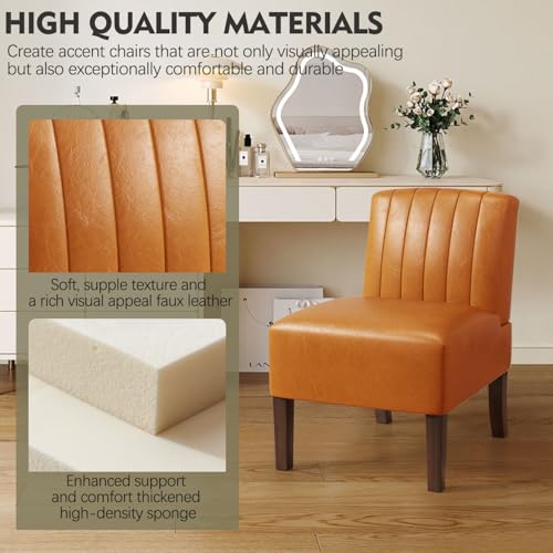 VIRRMO Armless Accent Chairs Set of 2 Upholstered Dining Chairs Living Room Chairs with Solid Wood Legs Bedroom Chair Leather Reading Chair Comfy Chair for Bedroom Vanity Kitchen (Brown) - color: Leather-brown