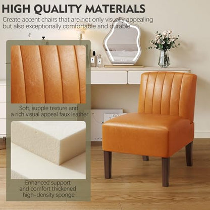 VIRRMO Armless Accent Chairs Set of 2 Upholstered Dining Chairs Living Room Chairs with Solid Wood Legs Bedroom Chair Leather Reading Chair Comfy Chair for Bedroom Vanity Kitchen (Brown) - color: Leather-brown