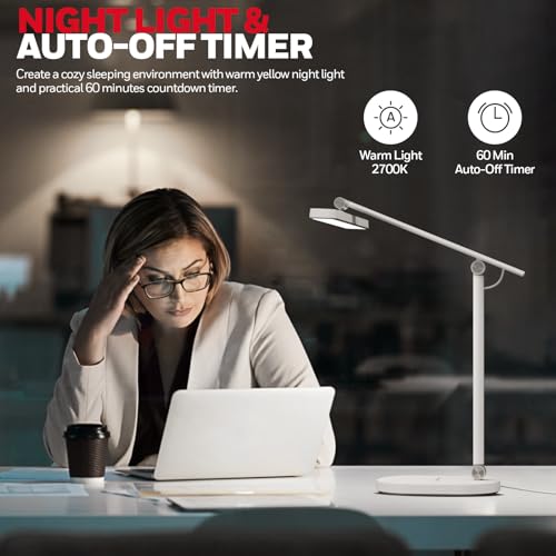 Honeywell HWT-H4 LED Desk Lamp, Eye-Caring, Dimmable, Auto Sensor | CRI97 Sunturalux LED, flicker-free eye care, 3 color temperatures, 5 brightness levels, auto dimming sensor, 60-min timer - color: White