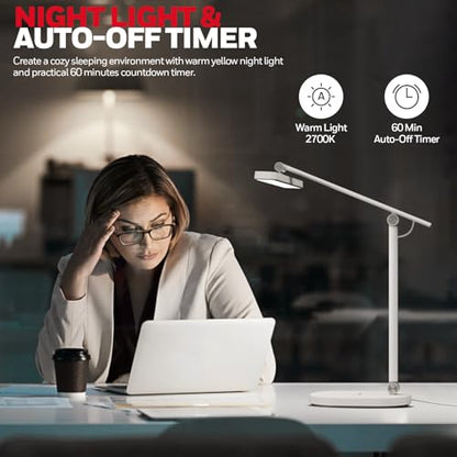 Honeywell HWT-H4 LED Desk Lamp, Eye-Caring, Dimmable, Auto Sensor | CRI97 Sunturalux LED, flicker-free eye care, 3 color temperatures, 5 brightness levels, auto dimming sensor, 60-min timer - color: White