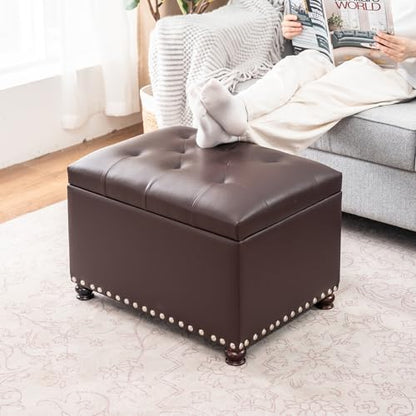 Faux Leather Storage Ottoman Bench Rectangle 24 Inch Foot Rest Ottomans (Brown) - color: Brown