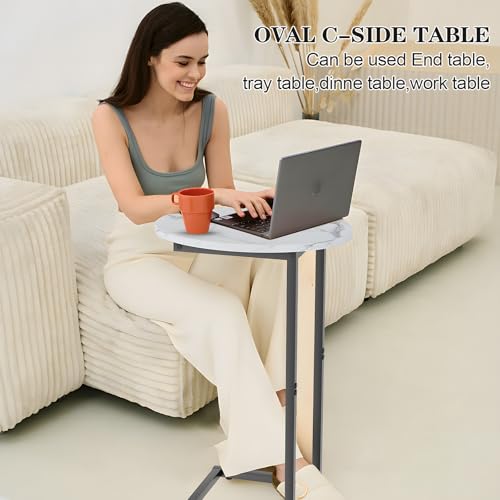 C Shaped End Table, Oval Side Tables on Couch, Black | TV Tray that Slide Under , Narrow Sofa Table with Metal Frame for Small Space Sofa Living Room Bedroom - color: White Marble+black