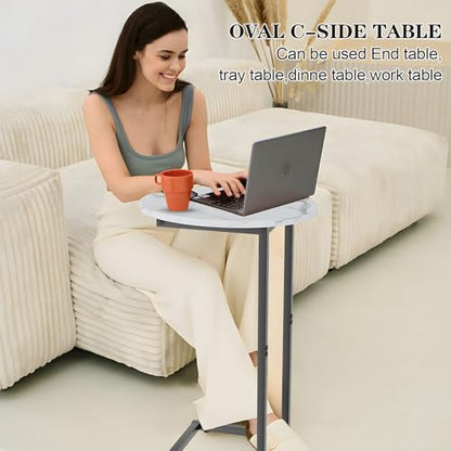 C Shaped End Table, Oval Side Tables on Couch, Black | TV Tray that Slide Under , Narrow Sofa Table with Metal Frame for Small Space Sofa Living Room Bedroom - color: White Marble+black