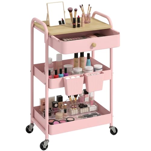 Rolling Cart with Drawers, Storage Cartwith Locked Wheels, Hooks & Hanging Cups for Any Room, Pink - color: Pink