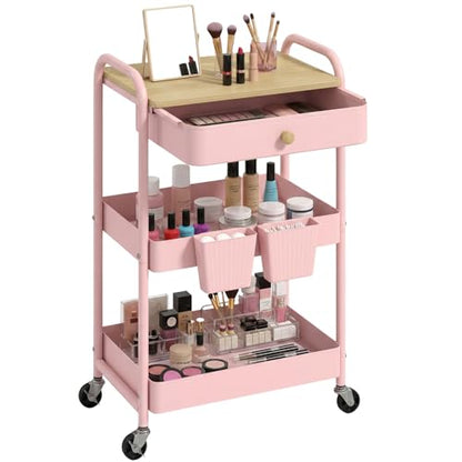 Rolling Cart with Drawers, Storage Cartwith Locked Wheels, Hooks & Hanging Cups for Any Room, Pink - color: Pink