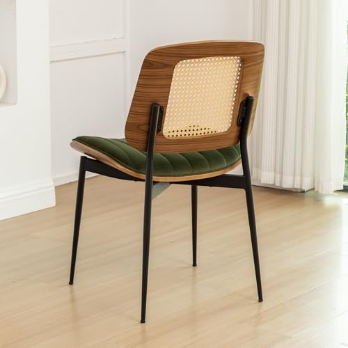 Rattan Dining Room Chairs Set of 2, Mid Century Modern Kitchen Chairs,Green Velvet Walnut Wood Finish Side Chair, Metal Legs Chair with Rattan Backrest,Green Fabric - color: Green 2, size: Set of 2