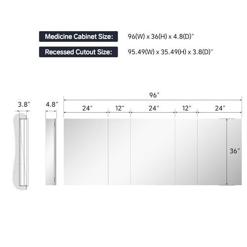 96"x36" Medicine Cabinet with Mirror & Soft Close Hinges, Surface Mount or Recessed Medicine Cabinet with Adjustable Shelves, Bathroom Wall Medicine Cabinet with Storage, Aluminum Alloy Frame, Combo - size: 96" x 36"