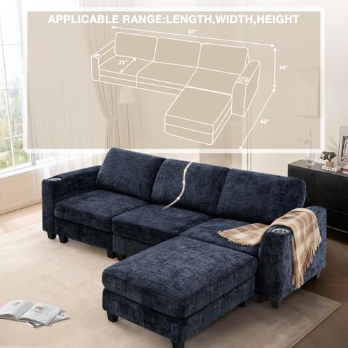 87" Chenille L-Shape Sectional Sofa with Cup Holders, Blue | Convertible 3 Seater Couch with Removable Ottoman, Upholstered Sofa with Thickened Seat Cushion for Living Room, House - color: Blue, size: 87" L-Shape