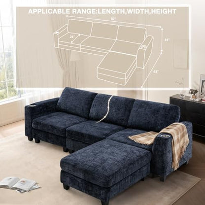 87" Chenille L-Shape Sectional Sofa with Cup Holders, Blue | Convertible 3 Seater Couch with Removable Ottoman, Upholstered Sofa with Thickened Seat Cushion for Living Room, House - color: Blue, size: 87" L-Shape