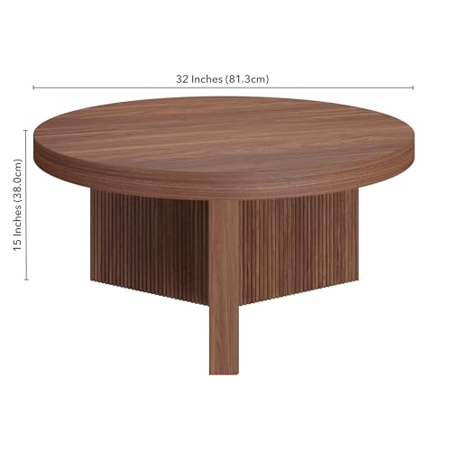 Henn&Hart 32" Scandinavian Fluted Coffee Table, Medium Walnut | Ribbed pedestal base and low profile bring Scandinavian style to small spaces including living rooms or family rooms - color: Medium Walnut, size: 32 inches
