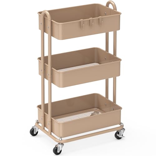 Simple Houseware 3-Tier Heavy Duty Metal Utility Rolling Cart, Khaki - color: Khaki