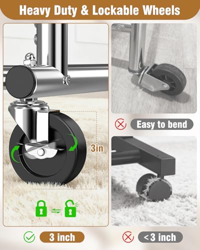 Heavy Duty Clothes Rack for Hanging Clothes Load 556 LBS, Height Adjustable Rolling Clothing Racks, Portable Metal Coat Rack Garment Wardrobe with Wheels and Shelves for Bedroom Laundry, Silver - color: Silver, style: 2 Shelves