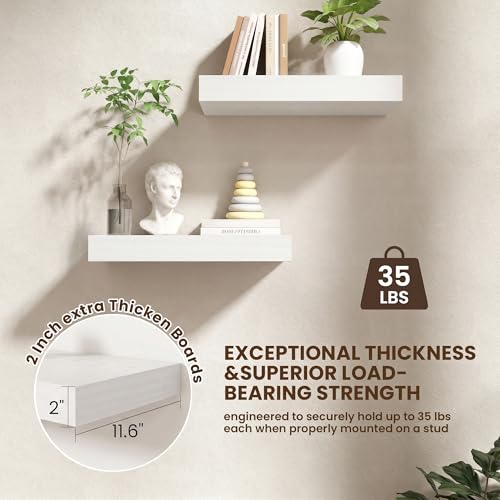 20 Inch Floating Shelves, 12'' Deep White Shelves for Wall Set of 2 | Invisible Brackets, Engineered Wood, Mounting Hardware Included, 35LBS, Bathroom, Laundry Room, Kitchen, Living Room - color: White, size: 20W x 11.6D x 2H, 2 Pack
