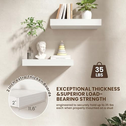 20 Inch Floating Shelves, 12'' Deep White Shelves for Wall Set of 2 | Invisible Brackets, Engineered Wood, Mounting Hardware Included, 35LBS, Bathroom, Laundry Room, Kitchen, Living Room - color: White, size: 20W x 11.6D x 2H, 2 Pack