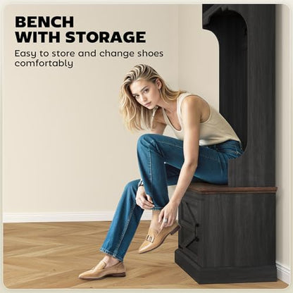 HOMCOM 3-in-1 Hall Tree with Shoe Storage, Shoe Bench, Black Wood Grain | Standing Coat Rack, Entryway Furniture, Three Hooks - color: Black Wood Grain