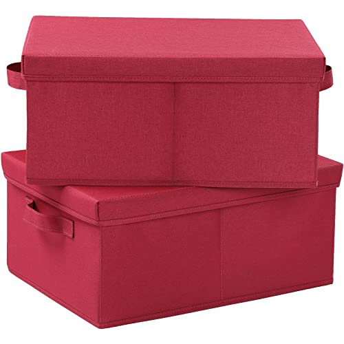 HOONEX Storage Bins with Lids for Organizing, Pack of 2, Storage Boxes with 2 Carrying Handles and Sturdy Heavy Cardboard, 16.5" L x 11.8" W x 7.5" H for Shoes, Books, Clothes, Red - color: Red