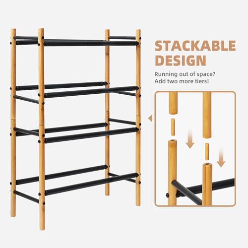 STORAGE MANIAC Expandable Shoe Rack, 8 Pairs Stackable Small Shoe Rack, Metal Adjustable Shoes Organizer for Closet, Entryway, Hallway, Garage, Front Door, Shoes Shelves, Bamboo 2 Tier - size: 2 Tier