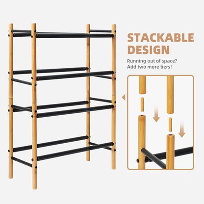 STORAGE MANIAC Expandable Shoe Rack, 8 Pairs Stackable Small Shoe Rack, Metal Adjustable Shoes Organizer for Closet, Entryway, Hallway, Garage, Front Door, Shoes Shelves, Bamboo 2 Tier - size: 2 Tier