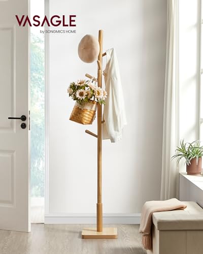 VASAGLE Solid Wood Coat Rack, Free Standing Hall Coat Tree with 8 Hooks, 3 Height Options, for Coats, Hats, Bags, Purses, for Entryway, Hallway, Rubberwood Hooks and Pole, Natural Beige URCR010N01 - color: Natural Beige, style: Square Base + Cylindrical H