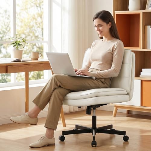 GTPLAYER Cross Legged Office Chair, Armless Desk Chair Cute Vanity Chair with Wheels Computer Chair Comfy Wide Office Chair Adjustable Swivel for Home Computer Task,Pu Leather Beige - color: Velvet-dark Gray, size: Small