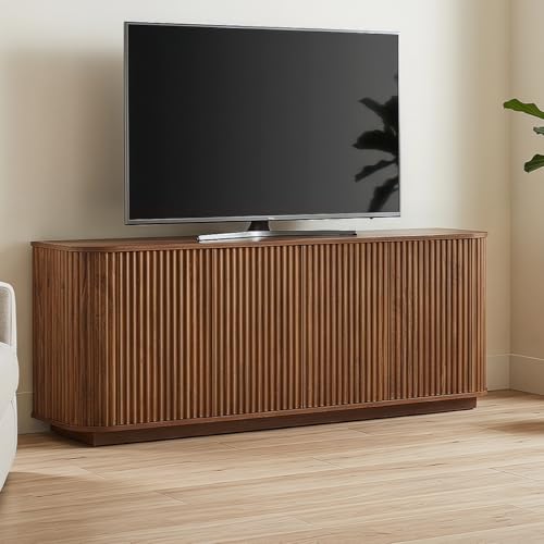 Fluted TV Stand for TVs Up to 75 Inch, Walnut Mid Century Modern TV Console for Living Room, Entertainment Center with Storage, Wood Media Console Cabinet - color: Walnut