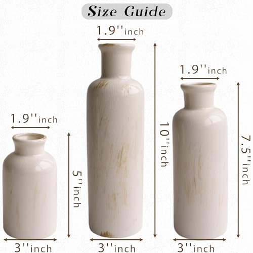 Pampas Grass with Vase Set – 3 Beige White Ceramic Vases with Natural Dried Pampas, Bunny Tails & More – Neutral Farmhouse Decor for Fireplace, Home, Mantel, Entryway, Kitchen & Boho Table Centerpiece