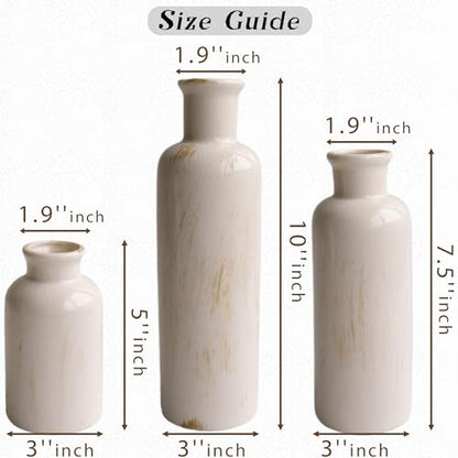 Pampas Grass with Vase Set – 3 Beige White Ceramic Vases with Natural Dried Pampas, Bunny Tails & More – Neutral Farmhouse Decor for Fireplace, Home, Mantel, Entryway, Kitchen & Boho Table Centerpiece
