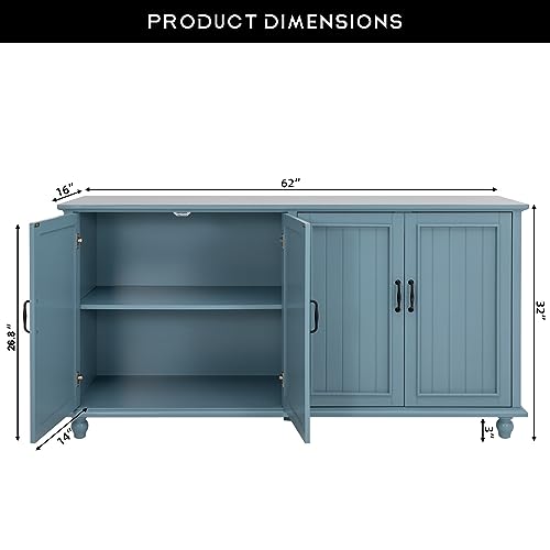 Sideboard Buffet Cabinet with 4 Doors, Vintage Coffee Bar Station, Blue | Farmhouse Storage Cabinet for Dining Room and Kitchen, 62'' Large TV Stand with Adjustable Shelf, Heavy Duty, Painted Finish - color: Aqua Blue, size: 4 Doors