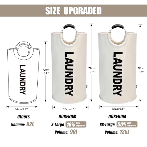 DOKEHOM 125L X-Large Laundry Basket Bag, Collapsible Tall Hamper, Beige | Freestanding tall washing bin & foldable laundry bag. Extra large clothes storage basket with durable sturdy handles - color: Beige, size: 125L