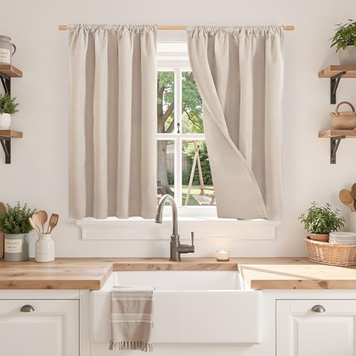 BGment Beige Linen Blackout Curtains 40 Inch Length, Natural Kitchen Drapes with Rod Pocket Room Darkening for Short Bedroom Window Privacy, 2 Panels, Each 30 Inch Wide - color: Natural, size: 30"W x 40"L (Pack of 2)