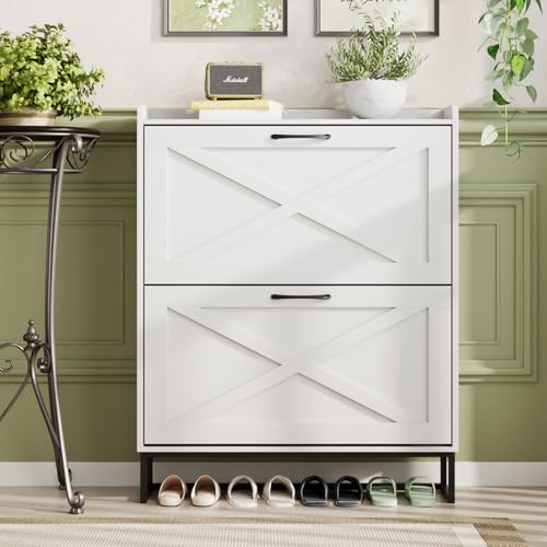 Maupvit Shoe Cabinet with 2 Flip Drawers, Freestanding Shoe Cabinet Organizer with Metal Legs, Shoes Storage Cabinet for Entryway, Narrow Shoe Rack Cabinet, White - color: White, style: 2-Drawers