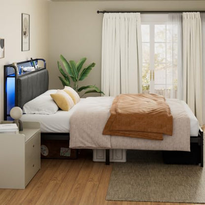 Full Size Bed Frame with 2 Storage Drawers & Upholstered Headboard | Metal Platform Bed with Storage Shelf, Charging Station, LED Lights and Heavy-Duty slats, No Spring Box Needed, Noise-Free - size: Full, style: Bed Frame with Drawer