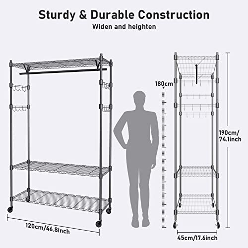 Heavy Duty Clothes Rack, Adjustable Rolling Garment Rack with Shelves, Freestanding Wardrobe Rack 1 Clothes Hanging Bar, 3 tired Wire Shelving, 4 Hanger Hooks - Hold Up to 400Lbs (Black, 1Rod 4Hook)