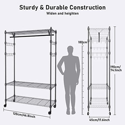 Heavy Duty Clothes Rack, Adjustable Rolling Garment Rack with Shelves, Freestanding Wardrobe Rack 1 Clothes Hanging Bar, 3 tired Wire Shelving, 4 Hanger Hooks - Hold Up to 400Lbs (Black, 1Rod 4Hook)