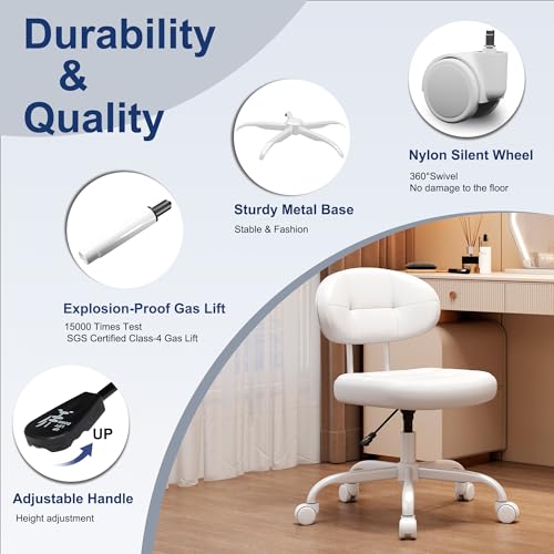Misolant Vanity Chair with Back, Small Armless Cute office Chair with wheels and Lumbar support, Comfy PU Leather Desk Computer Chairs with Adjustable Height, 360°Swivel for Home Bedroom Office, White - color: White