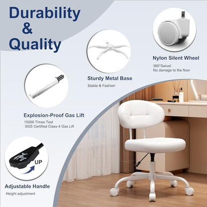 Misolant Vanity Chair with Back, Small Armless Cute office Chair with wheels and Lumbar support, Comfy PU Leather Desk Computer Chairs with Adjustable Height, 360°Swivel for Home Bedroom Office, White - color: White