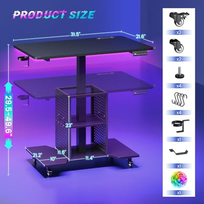 SEDETA Small Standing Gaming Desk, 31.5" Rolling Computer PC Desk Height Adjustable with Power Outlet, Pegboard & Storage Shelves, RGB LED Light, for Small Spaces/Bedroom/Gaming, Carbon Fiber Black - color: Carbon Fiber Black