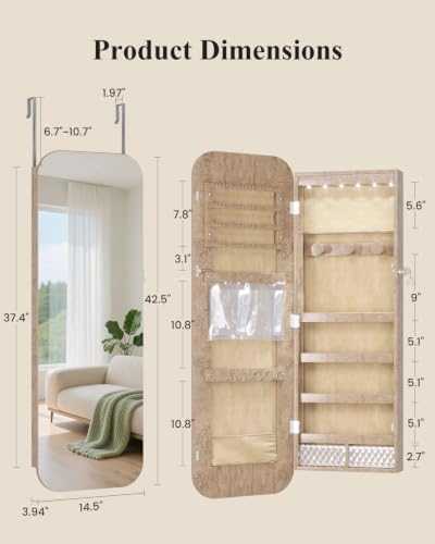 6 LEDs Mirror Jewelry Cabinet Door Hanging, 42.5", Lockable, Brown | Jewelry Organizer with Full Length Mirror, Wall Mounted Large Jewelry Storage for Earrings, Rings, Necklaces - color: Brown