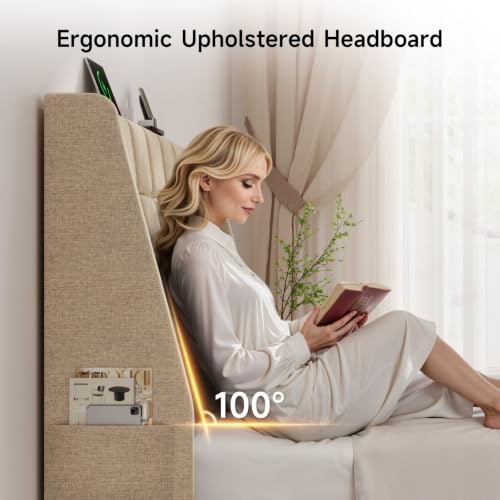 Ergonomic Upholstered Headboard Queen Size w/Charging Station, Linen Wingback Headboards w/Storage Pocket, Queen Headboard Only, Bed Frame Adapters, Sturdy Stable Solid Wood Bed Head Board, Beige - color: Beige, size: Queen