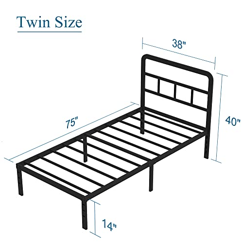 DiaOutro Twin Bed Frame with Headboard 14 Inch Metal Platform, Black | Heavy Duty Bed For Kids Adults, Steel Slat Supports No Box Spring Needed, Easy Assembly, Noise Free - size: Twin, style: 14 Inch