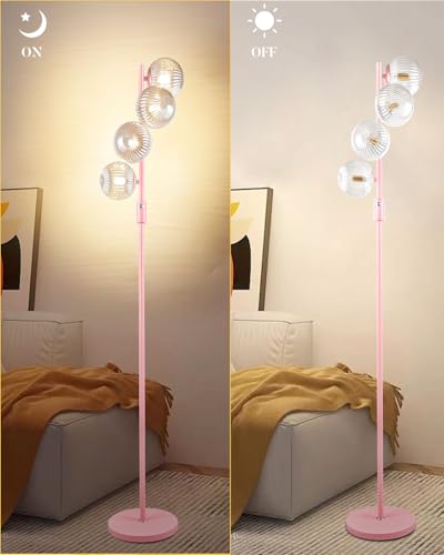 Lightdot 64IN Dimmable Floor Lamp with Globe Clear Glass Shade, Modern Pink Standing Lamps with 4PCS 3000K Bulbs Included,LED Floor Lamp with 5Lbs Heavy Base for Living Room Bedroom//Sofa Beside - color: 4 Clear Globe-Pink