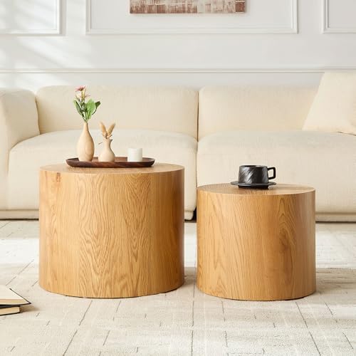 Round Nesting Coffee Table Set of 2, Modern Wooden Coffee Tables Circle Center Table for Small Space Accent End Side Table for Living Room Bedroom, No Assembling (Natural) - color: 18.9" Wooden Color