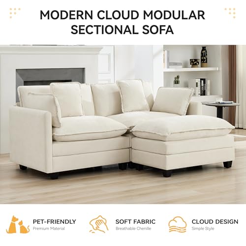 76'' Cloud Deep Seat Loveseat, Upholstered Chenille Modular 2-Seats Sectional Sofa Couch, Modern Comfy Settee Loveseat for Living Room Set, Small Apartment, Beige - color: Beige, size: 76'' L Shape